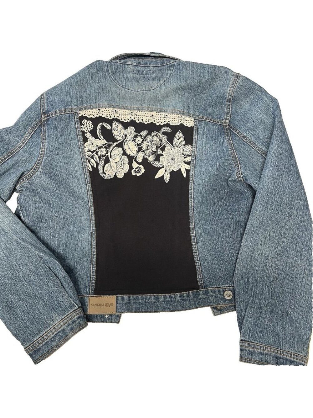 Vintage Santana Jeans Denim Jacket Boho Floral Lace Back Panel Women's Large